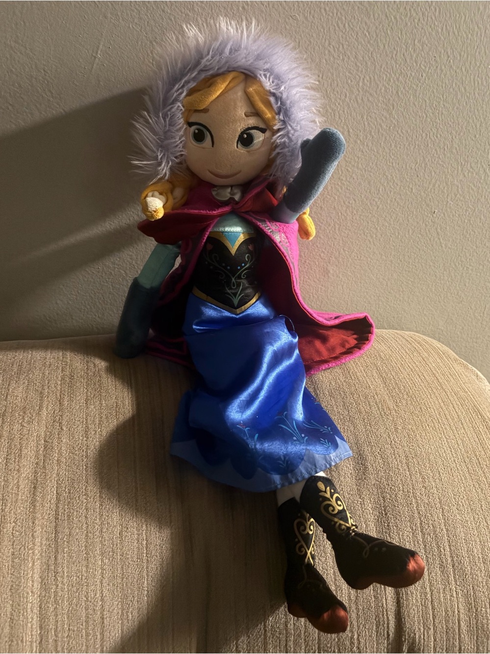 Princess Anna-Inspired Plush Doll in Blue and Pink Hooded Outfit